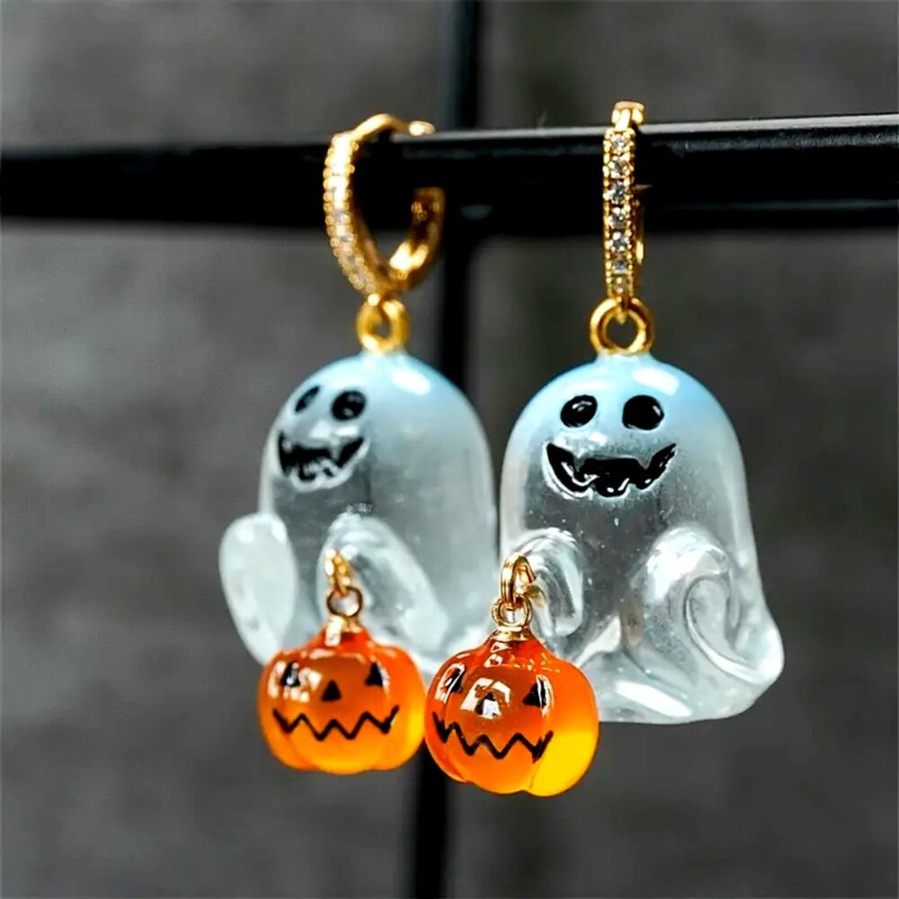 Adorable 14K Golden Plated Ghost And Pumpkin • Dangle Earrings